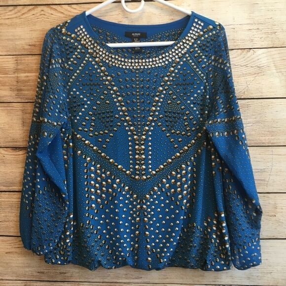 ALFANI BLOUSON TOP WITH JEWELED NECKLINE‎ - Picture 1 of 7